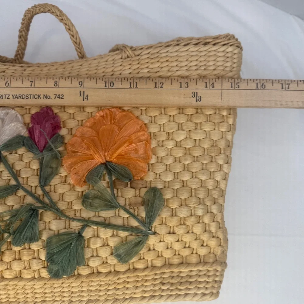 Vintage Woven Straw Tote Bag Raffia Floral Embroidery Boho Basket Beach Bag Tan - Picture 10 of 14